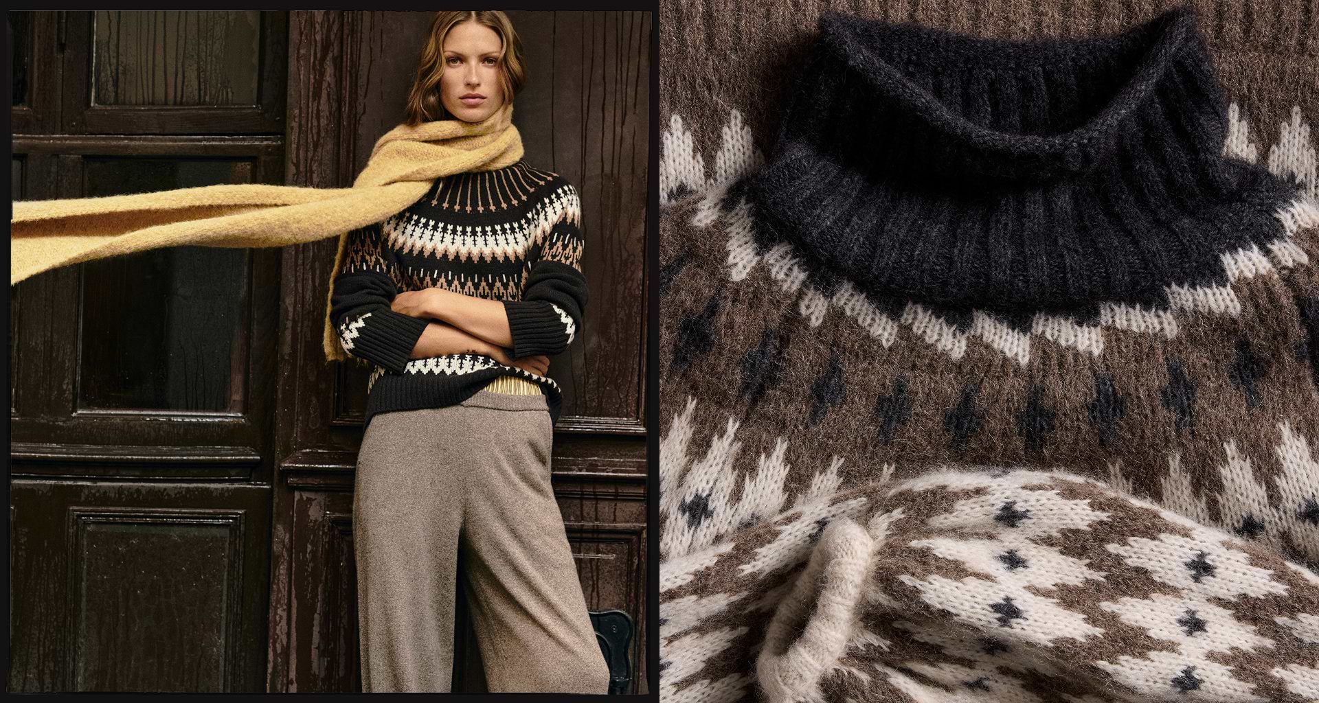 Person by a dark wooden door wearing a black‑brown Fair Isle sweater, long yellow scarf, and beige pants; adjacent close-up shows the sweater’s knit pattern.