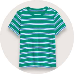 Green short-sleeve T-shirt with horizontal white and blue stripes.