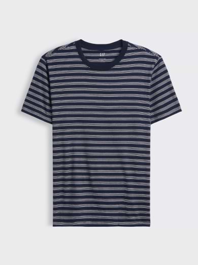 Navy short-sleeve crew-neck T-shirt with thin horizontal white stripes.