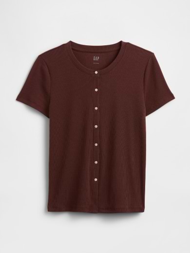 Dark brown short-sleeve knit top with a round neckline and small buttons down the front.