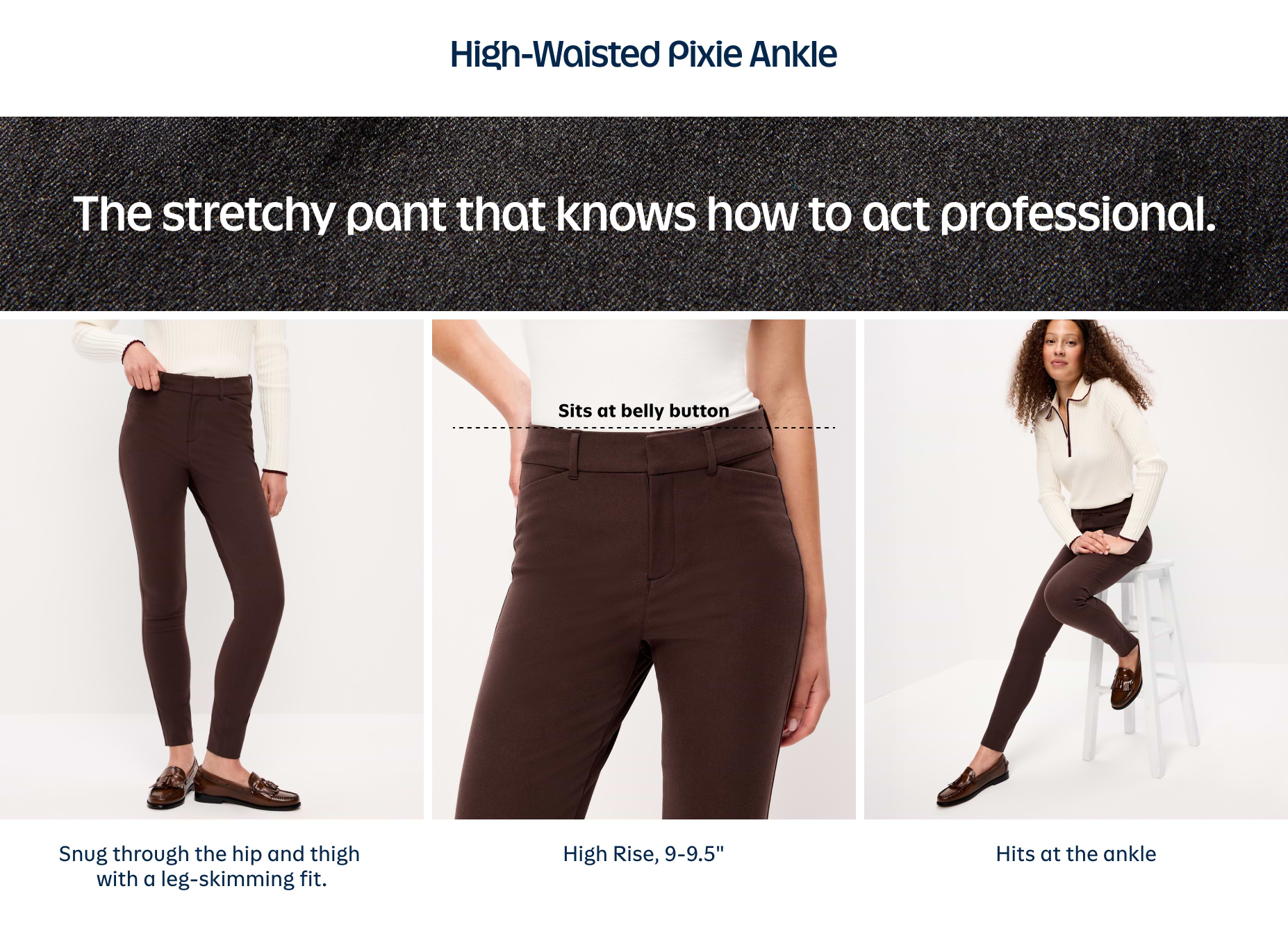Model wearing high‑waisted dark brown ankle pants with a stretchy, slim fit; waistband sits at the belly button and hem hits at the ankle.