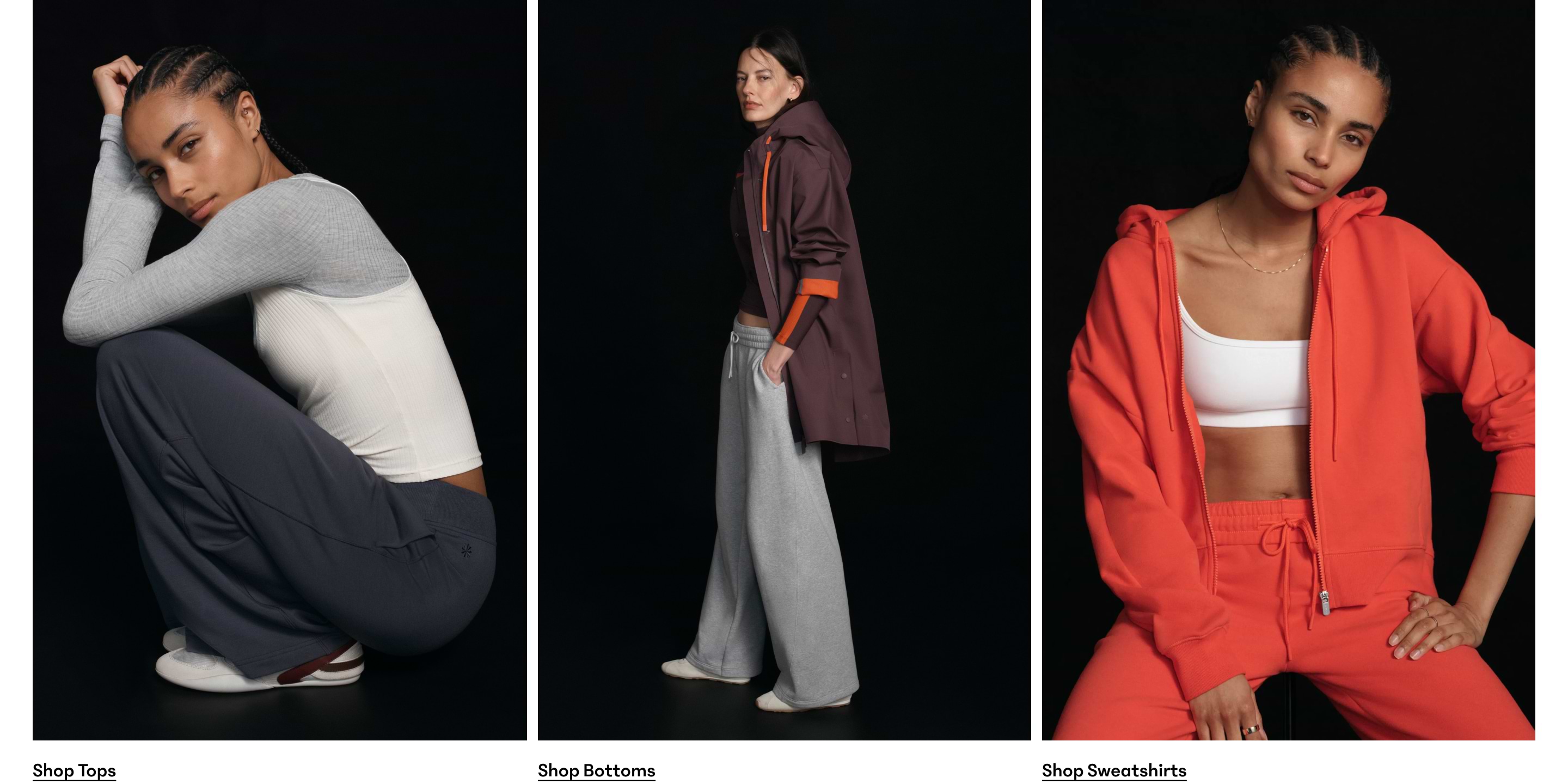 Three-panel image of athleisure outfits: grey top with wide-leg pants; maroon hooded coat with grey sweatpants; bright orange hoodie and joggers over a white sports bra.