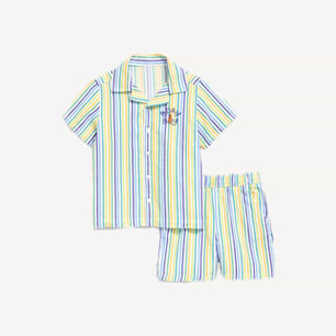 Short-sleeve button-up pajama set with rainbow vertical stripes and matching shorts.
