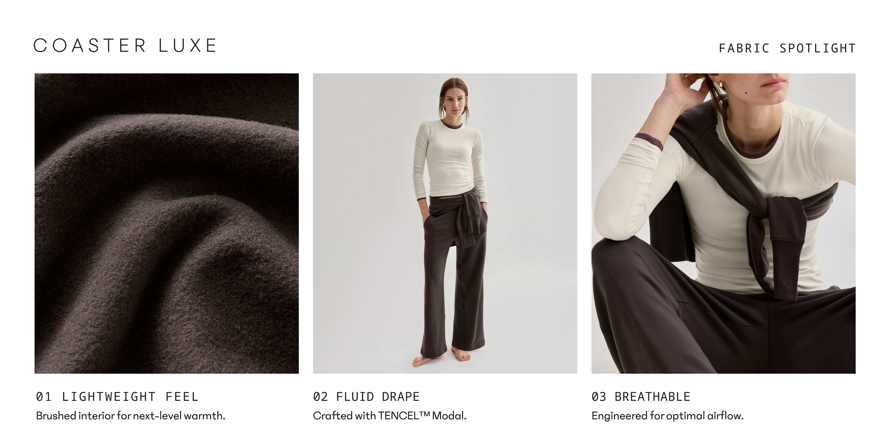 Seasoft fabric spotlight showing a close-up of smooth, suede-like brown cloth, a person wearing relaxed TENCEL Modal drawstring pants, and a close-up of the waistband, highlighting lightweight warmth and machine washability.