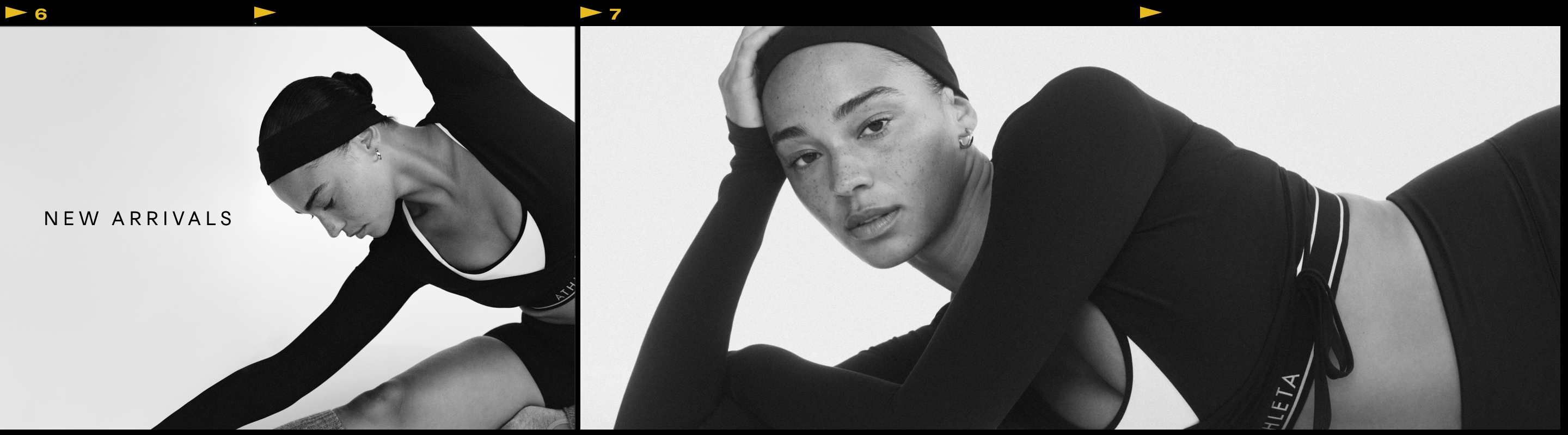 Black-and-white split image of a model stretching in long-sleeve activewear; text reads “NEW ARRIVALS.”