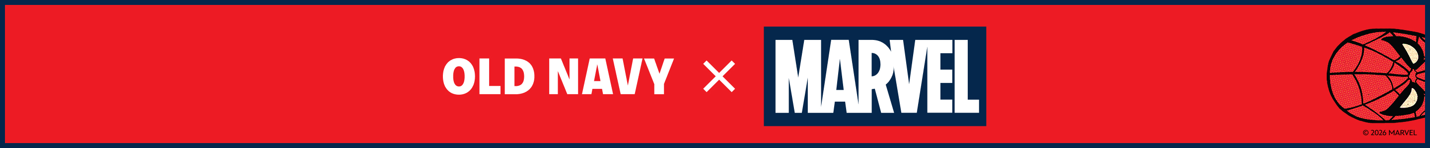 Image of a red banner for Old Navy x Marvel spiderman collection.