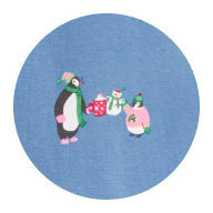 Two penguins in winter clothes share hot cocoa with a tiny snowman on a blue background.