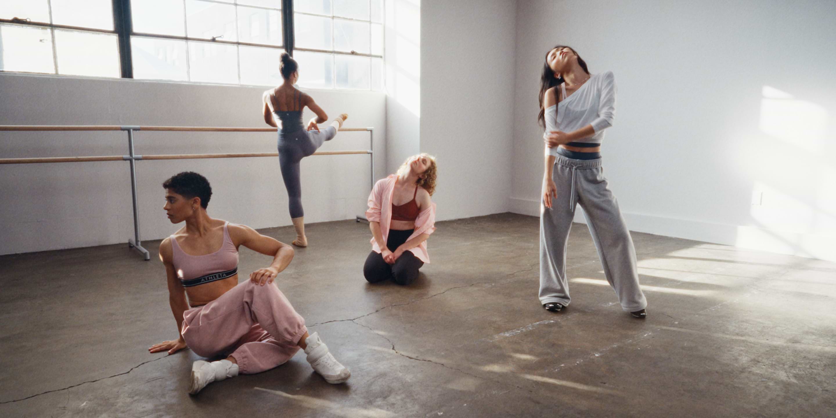 Collage of dancers in a studio wearing ballet-inspired activewear, performing graceful poses with close-ups of pink ballet shoes.