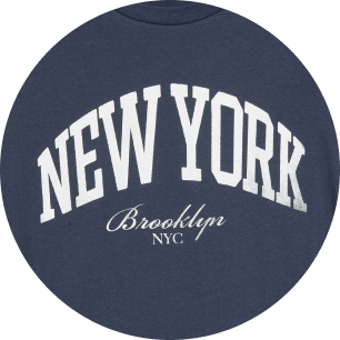 Navy sweatshirt with white arched “NEW YORK” and “Brooklyn NYC” printed below.