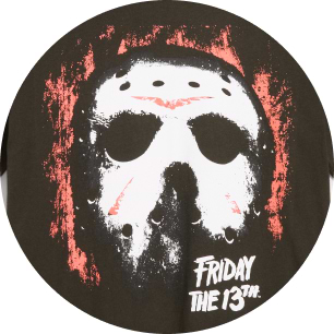 White hockey mask graphic with red accents and the words “FRIDAY THE 13TH” on a dark background.