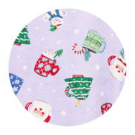 Lavender fabric swatch with festive print: Santa faces, Christmas trees, cocoa mugs, candy canes, and small stars.