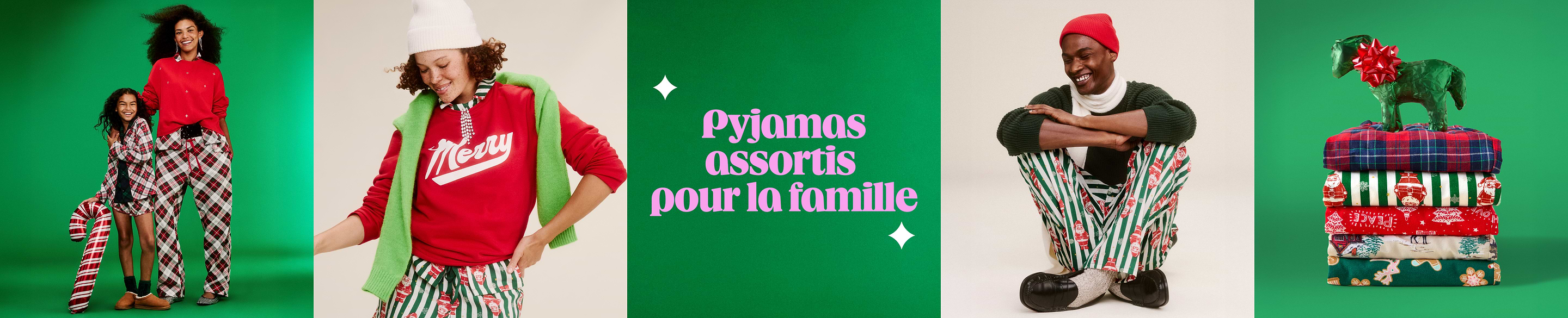 Models in red-and-green holiday matching family pajamas, with French text “Pyjamas assortis pour la famille.” A stack of folded festive pajamas topped with a bow appears on the right.