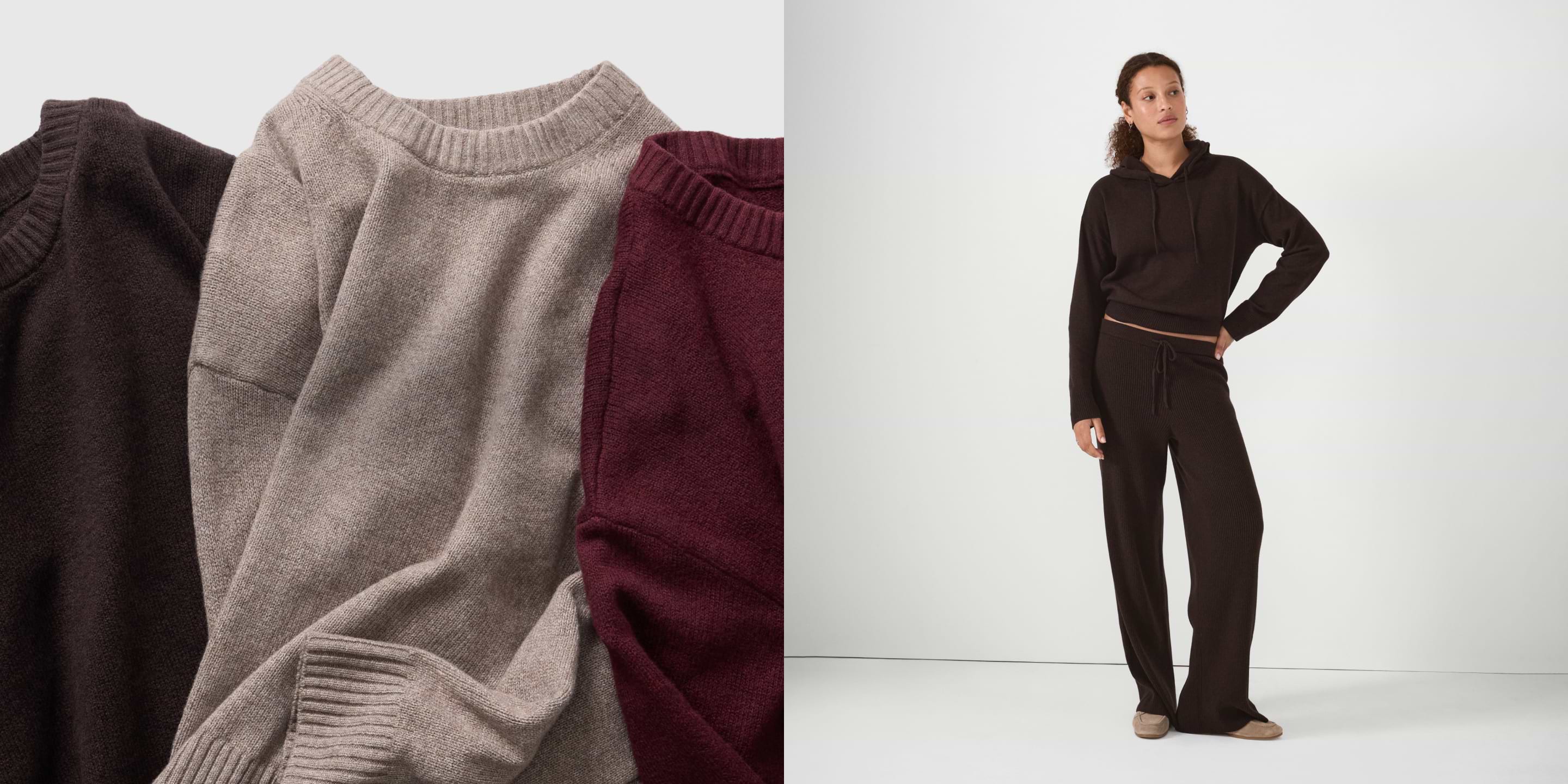 Close-up of brown, beige, and burgundy knit sweaters; next to them, a person wears a dark brown knit hoodie with matching wide-leg pants.
