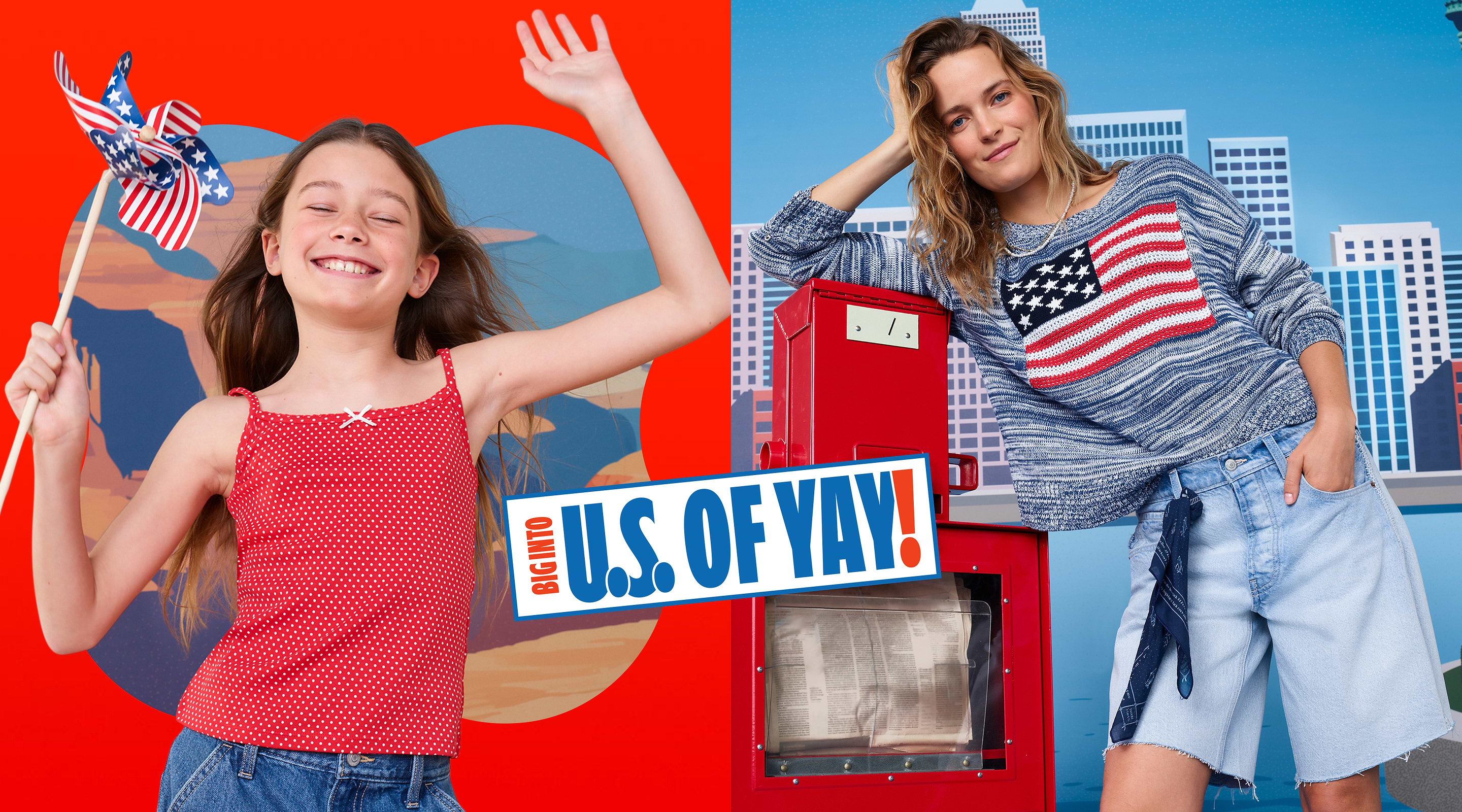 U.S. of yay! A girl model wearing a red tank top and a female model wearing a red gingham top.