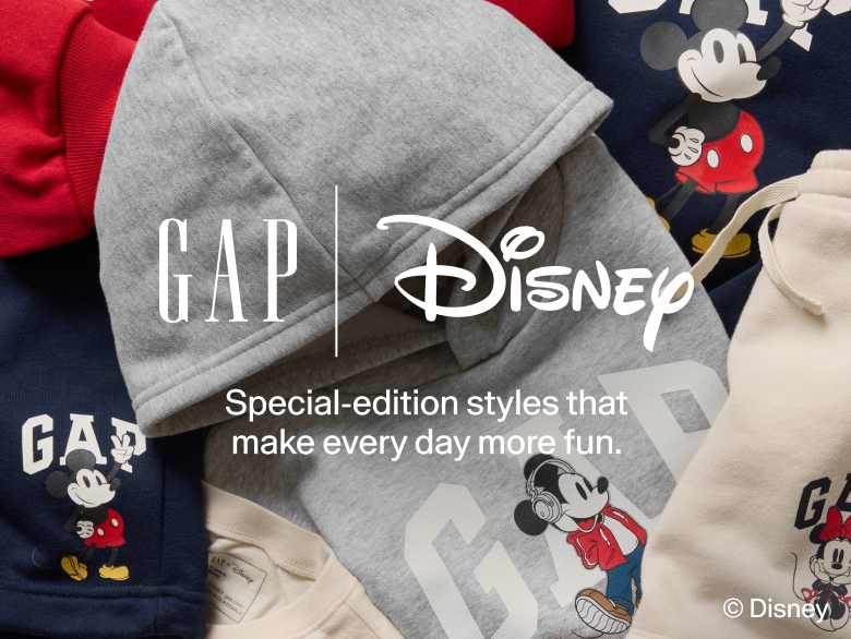 Assorted GAP hoodies featuring Disney’s Mickey Mouse graphics with overlay text: “GAP | Disney — Special-edition styles that make every day more fun.”