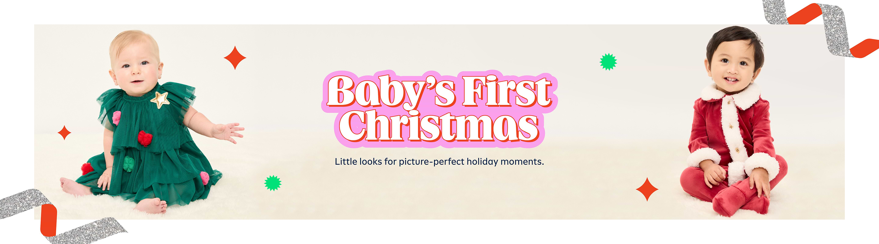 Banner with two babies in holiday outfits—one in a green dress, one in a red Santa suit—with center text: “Baby’s First Christmas.”