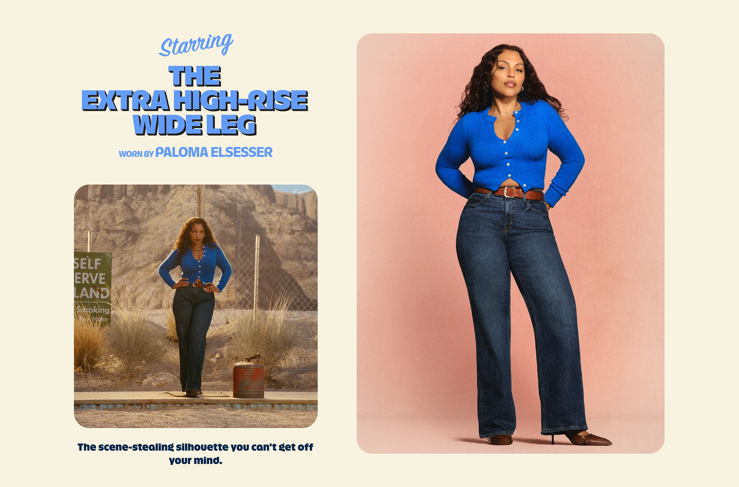Person in a bright blue cardigan and dark‑wash extra high‑rise wide‑leg jeans with a brown belt, hands on hips; studio pose with small outdoor inset.