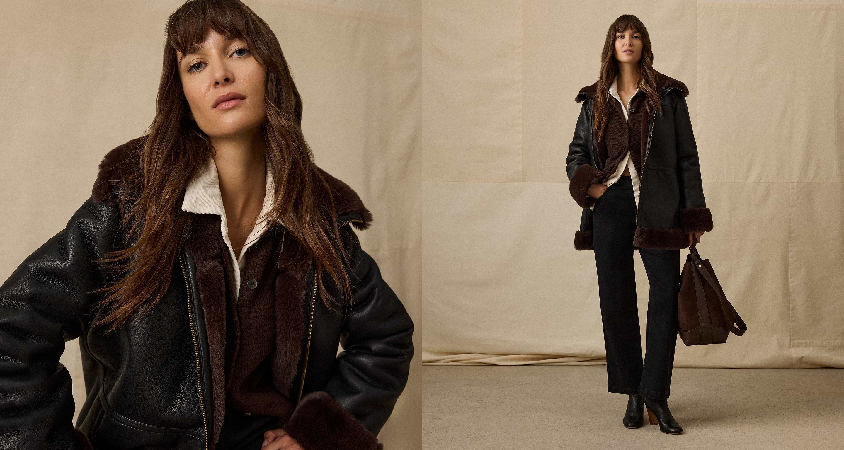 Split image showing a model in a black shearling-lined leather jacket with dark brown trim, cream shirt and dark sweater, black pants and ankle boots, holding a brown tote against a beige backdrop.
