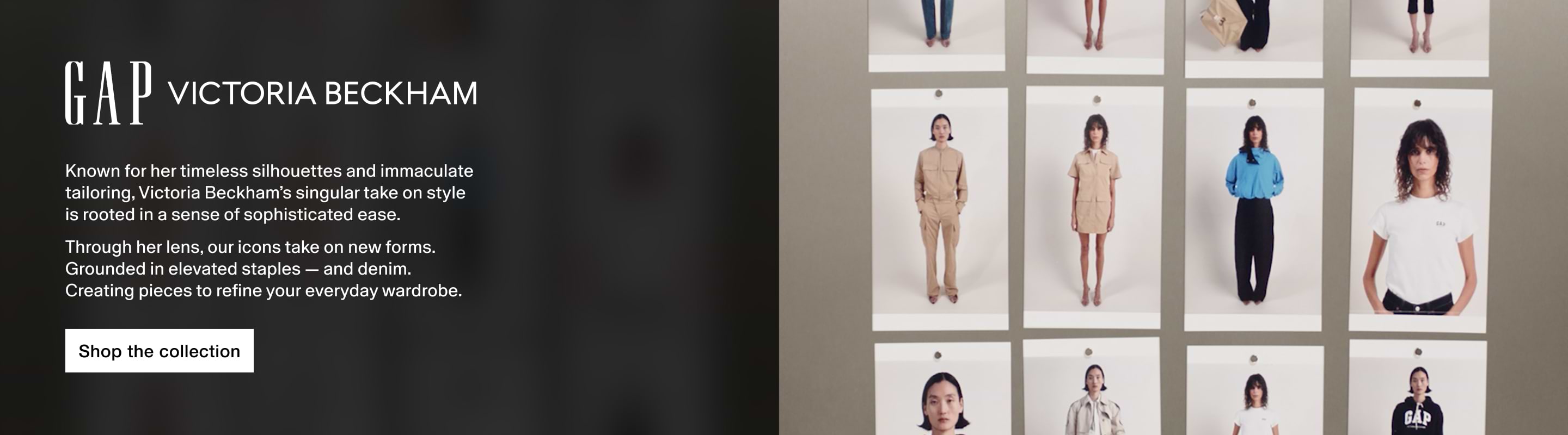 Gap x Victoria Beckham collection banner with left-side text and “Shop the collection” button; right side shows a grid of outfit photos.