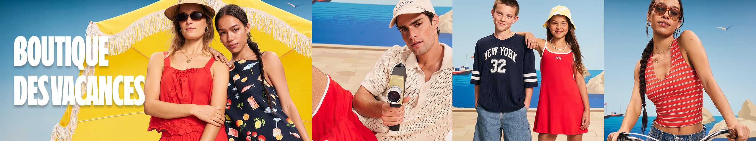 Beach-themed banner with people in bright summer outfits near a yellow umbrella; text reads “BOUTIQUE DES VACANCES.”