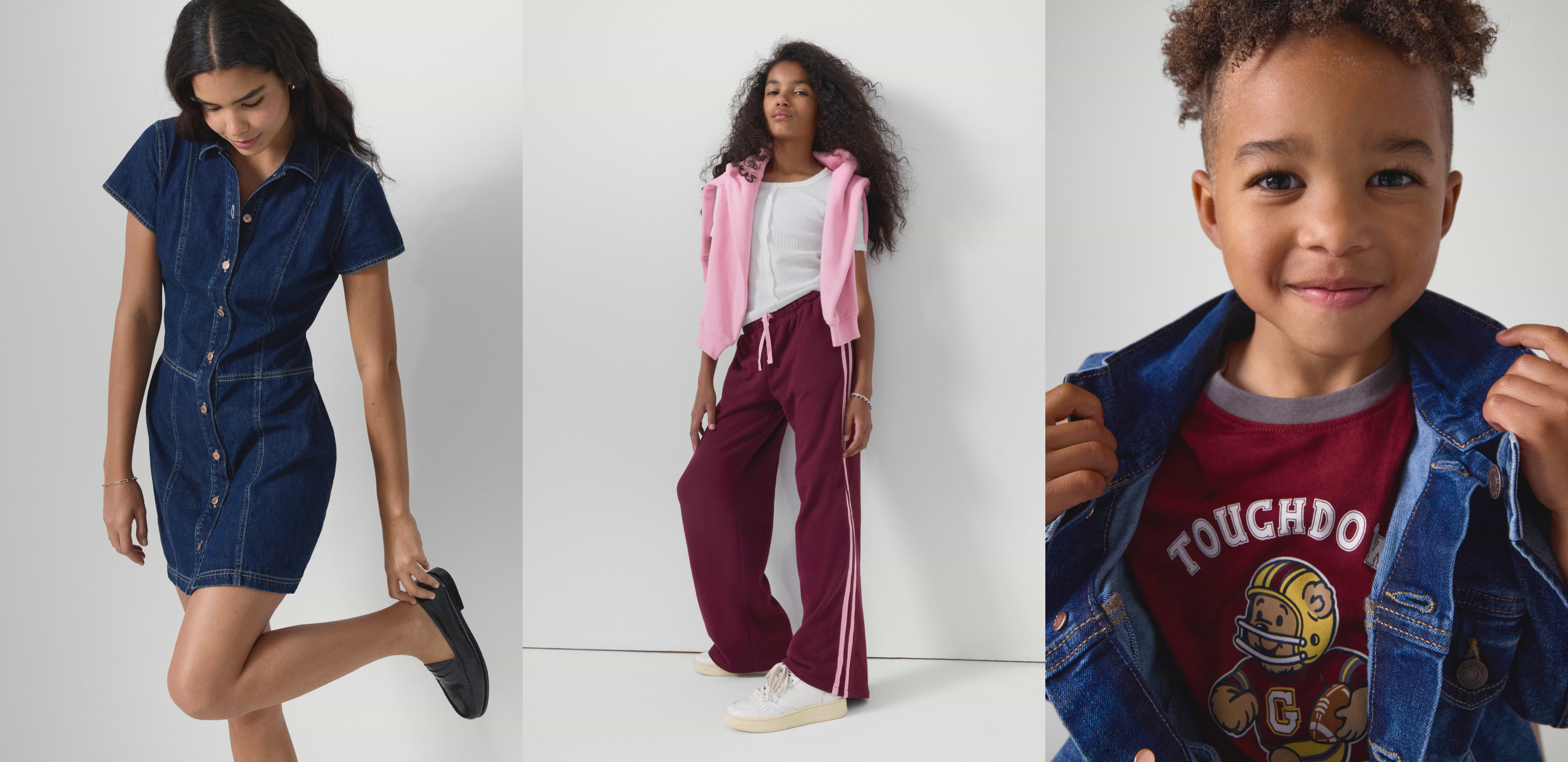 Three people modeling outfits: a denim button-front dress; a white tee with pink hoodie and burgundy track pants; a smiling child in a denim jacket showing a maroon “TOUCHDOWN” T-shirt with a cartoon football player.