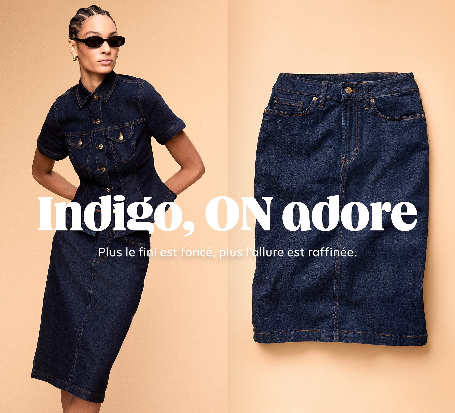 Model wearing a dark indigo denim shirt-dress; beside it, a flat-lay of an indigo denim pencil skirt. Overlaid text reads “Indigo, ON adore.”