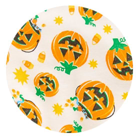 Pattern of jack-o’-lanterns with candy corn and yellow stars on a cream background.