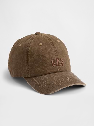 Brown baseball cap with curved brim and “GAP” logo on front.