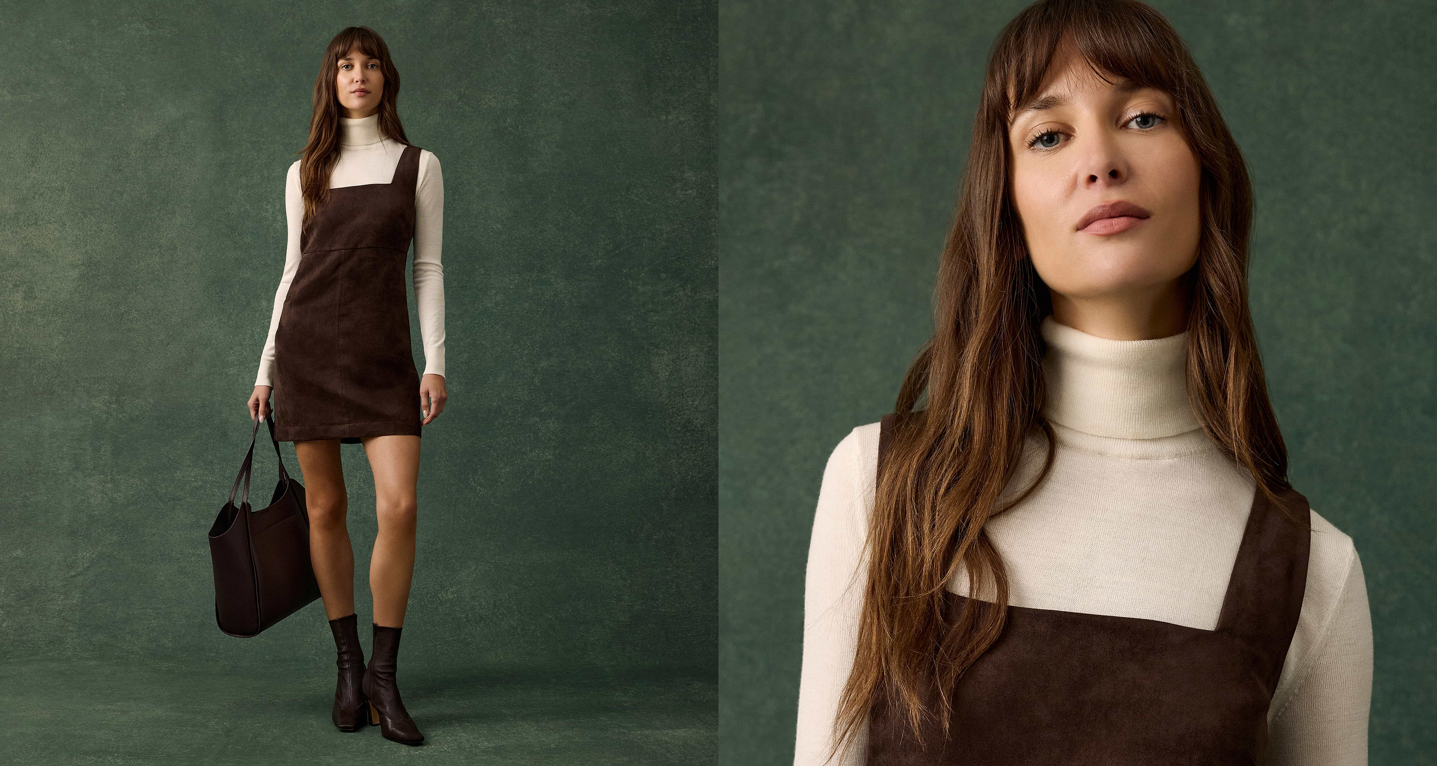 Split image: model in a brown suede pinafore over a cream turtleneck, black ankle boots, holding a dark tote; right panel shows a close-up; green backdrop.