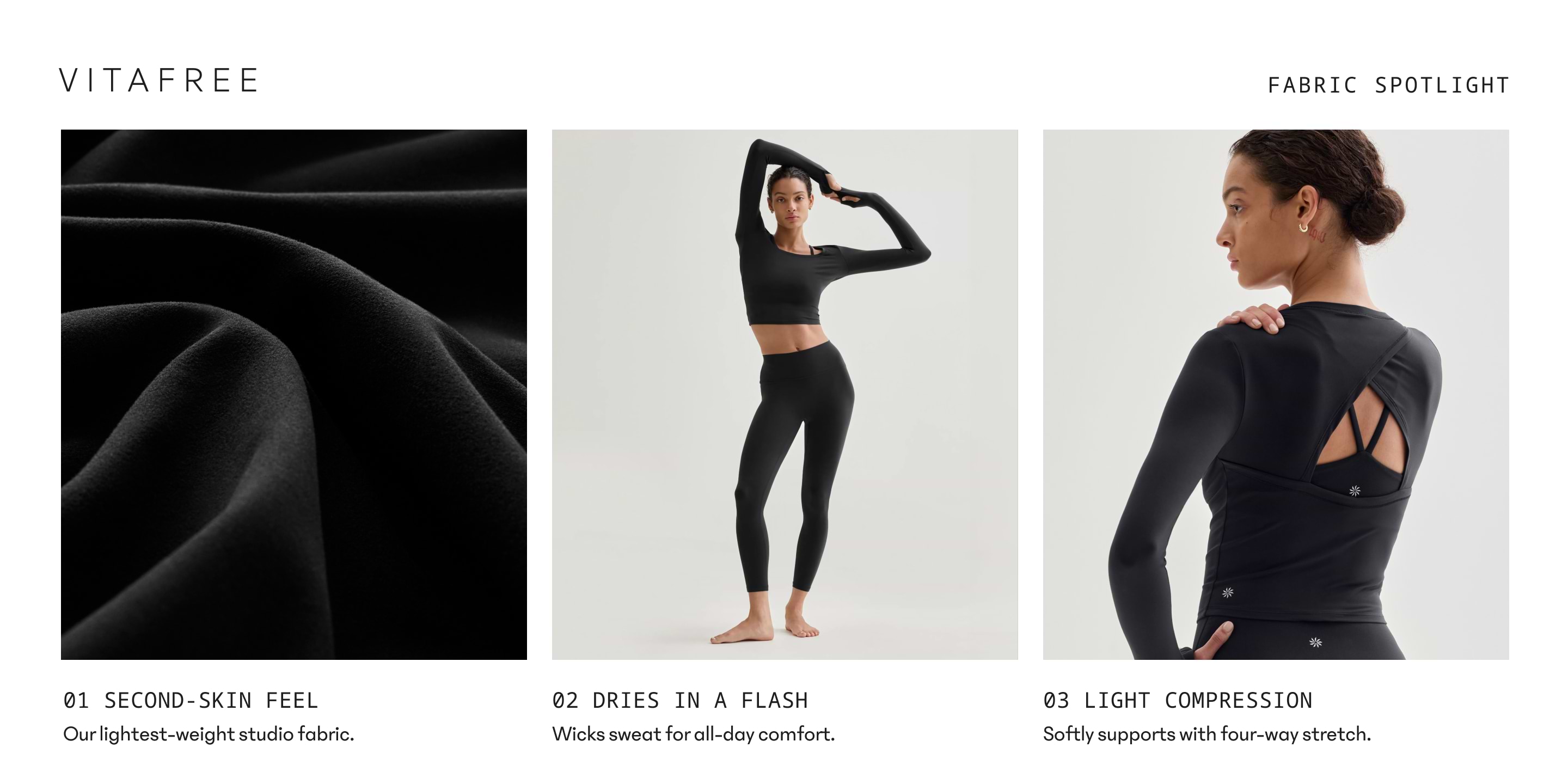 VitaFree fabric spotlight: close-up of black fabric; model in black long‑sleeve crop top and leggings with back cutout. Features: second‑skin feel, quick‑dry, light compression.