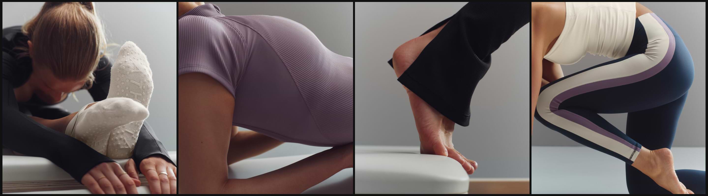 Four close-up panels of people in activewear doing Pilates stretches: a forward fold in grip socks, a torso leaning in a purple top, a foot pressing on a padded platform, and a kneeling lunge in striped leggings.