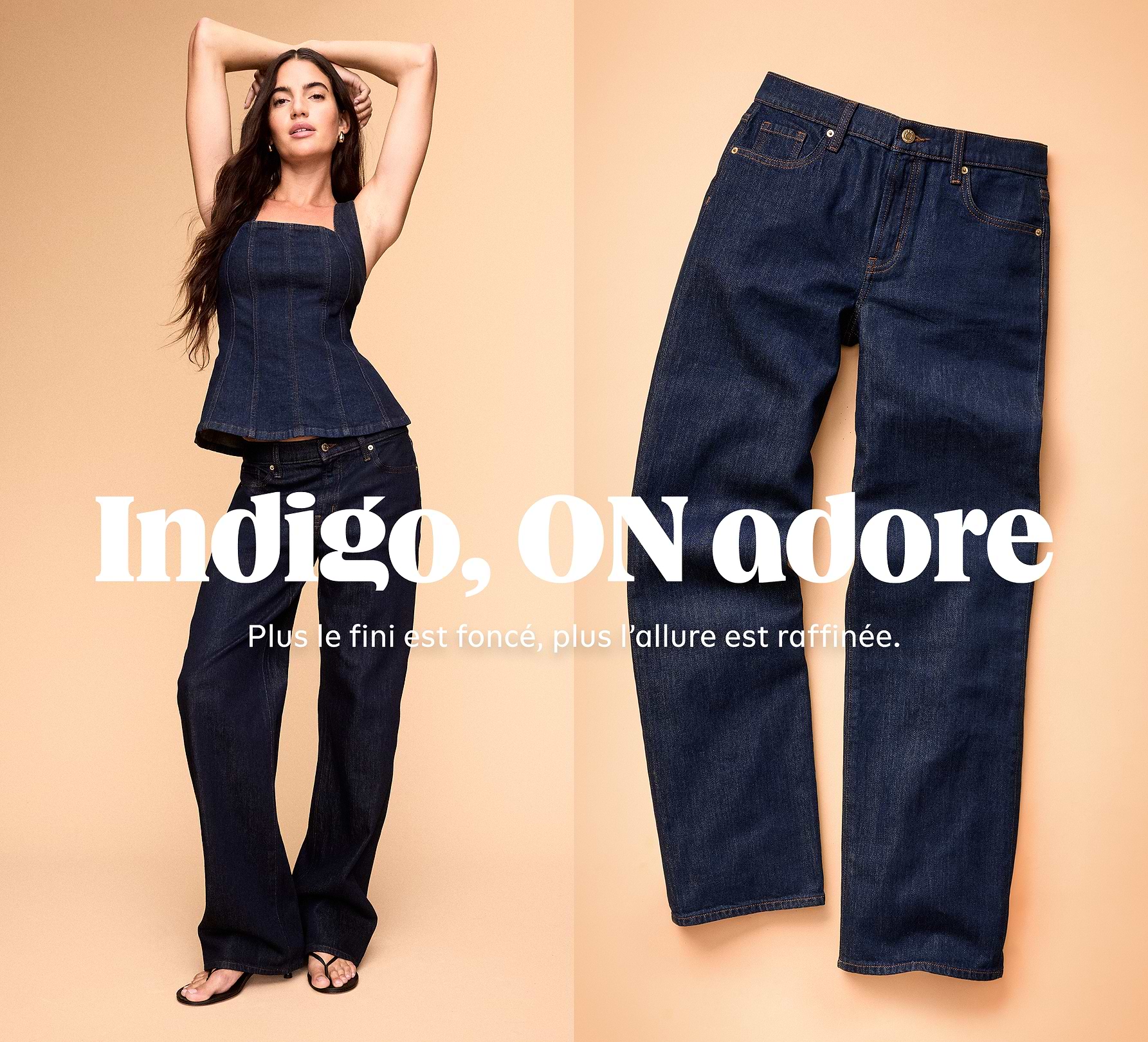 Split fashion ad: a model in a dark indigo denim top and wide‑leg jeans on the left, a flat‑lay of matching jeans on the right, with the headline “Go For Indigo.”