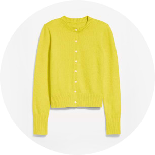 Bright yellow long-sleeve button-front cardigan with a crew neck and ribbed cuffs and hem.