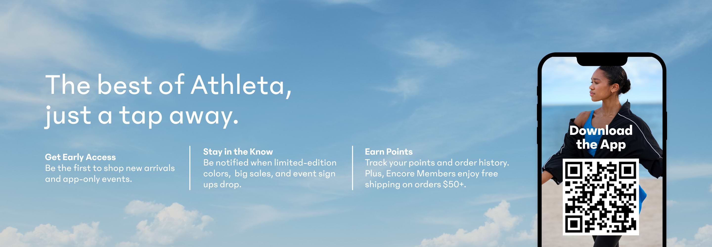 Phone screen on a blue-sky background shows a woman in blue and black athletic wear at the beach.