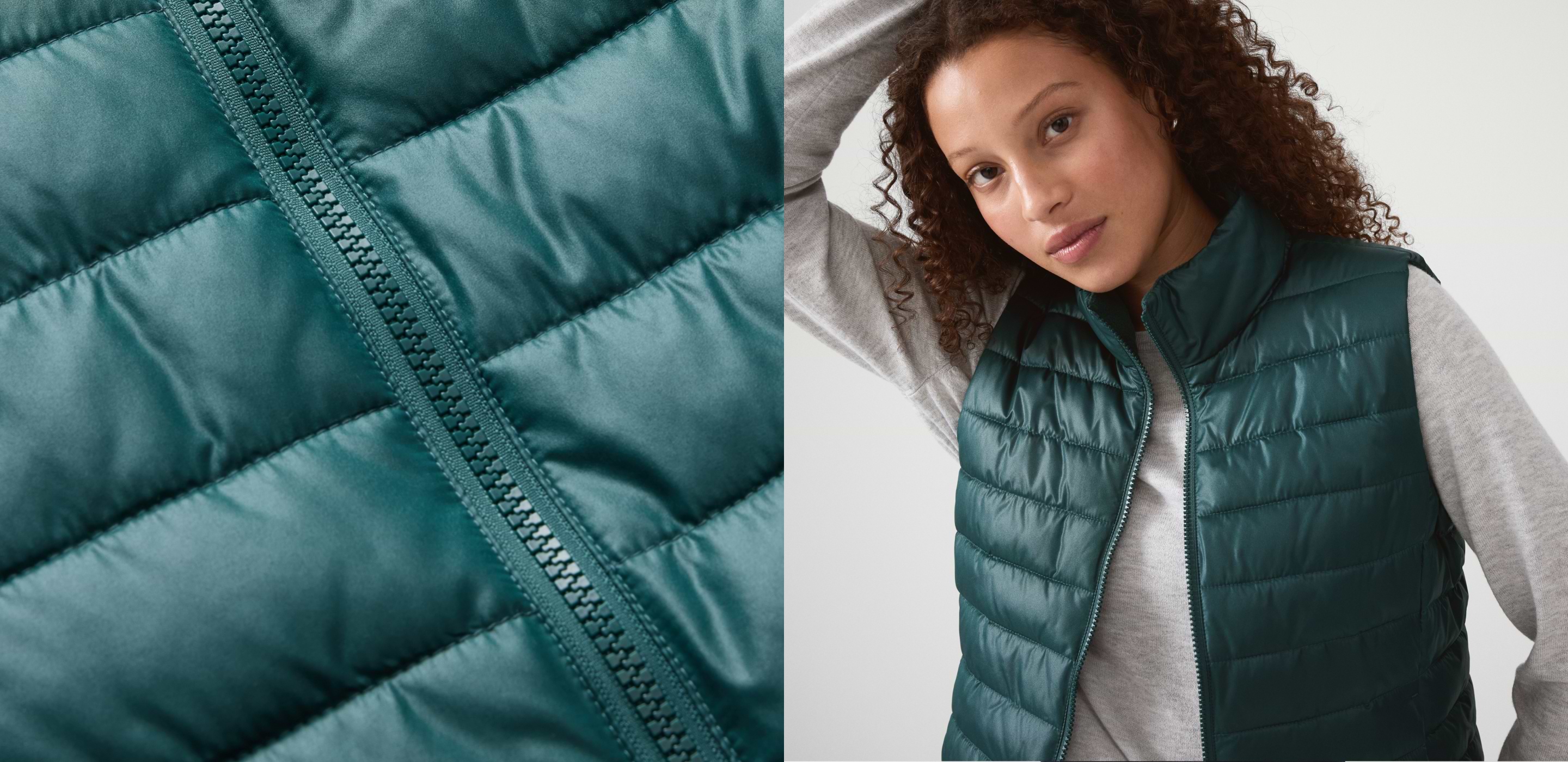 Dark teal quilted puffer vest with front zipper, shown on a model and in close-up.