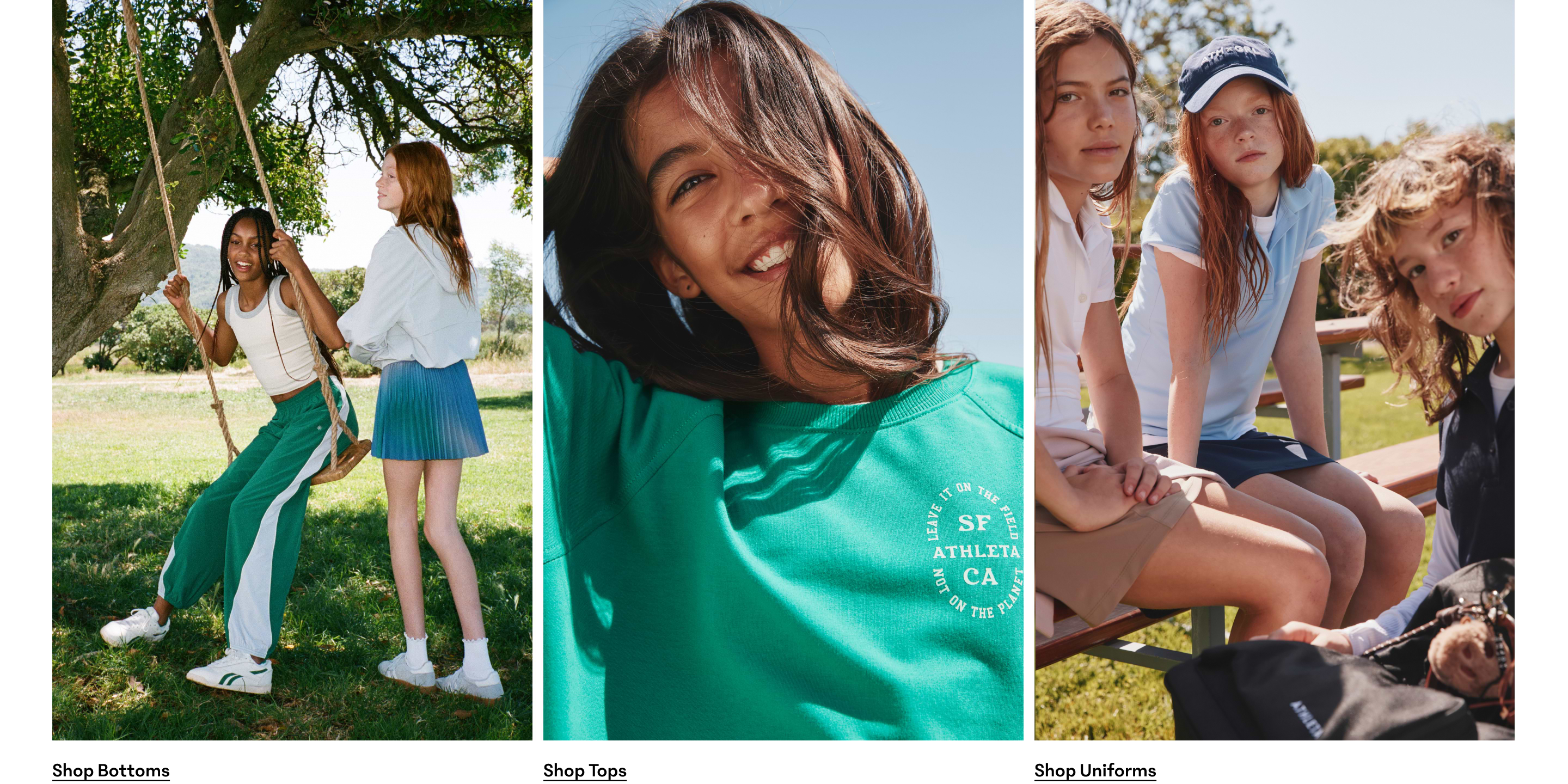 Three outdoor photos: left, a girl on a tree swing with a girl friend; center, a smiling girl in a green sweatshirt; right, girls in school uniforms sitting on a picnic bench.
