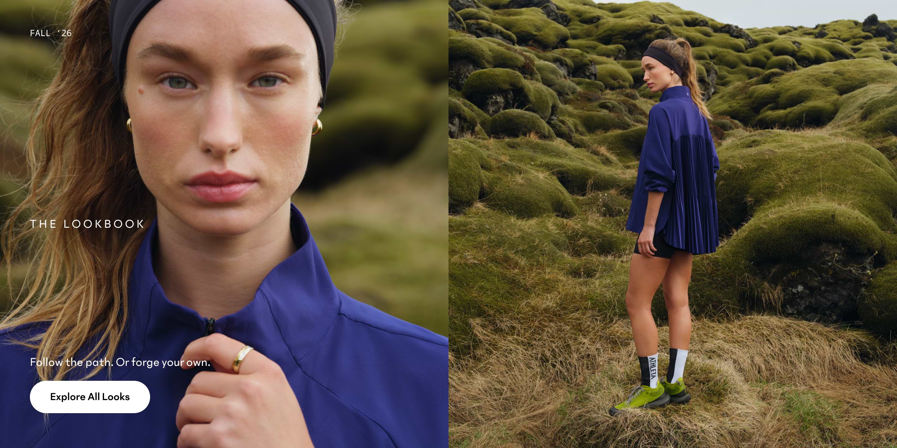 Woman in a blue jacket and headband, shown close-up and standing on a mossy hillside.