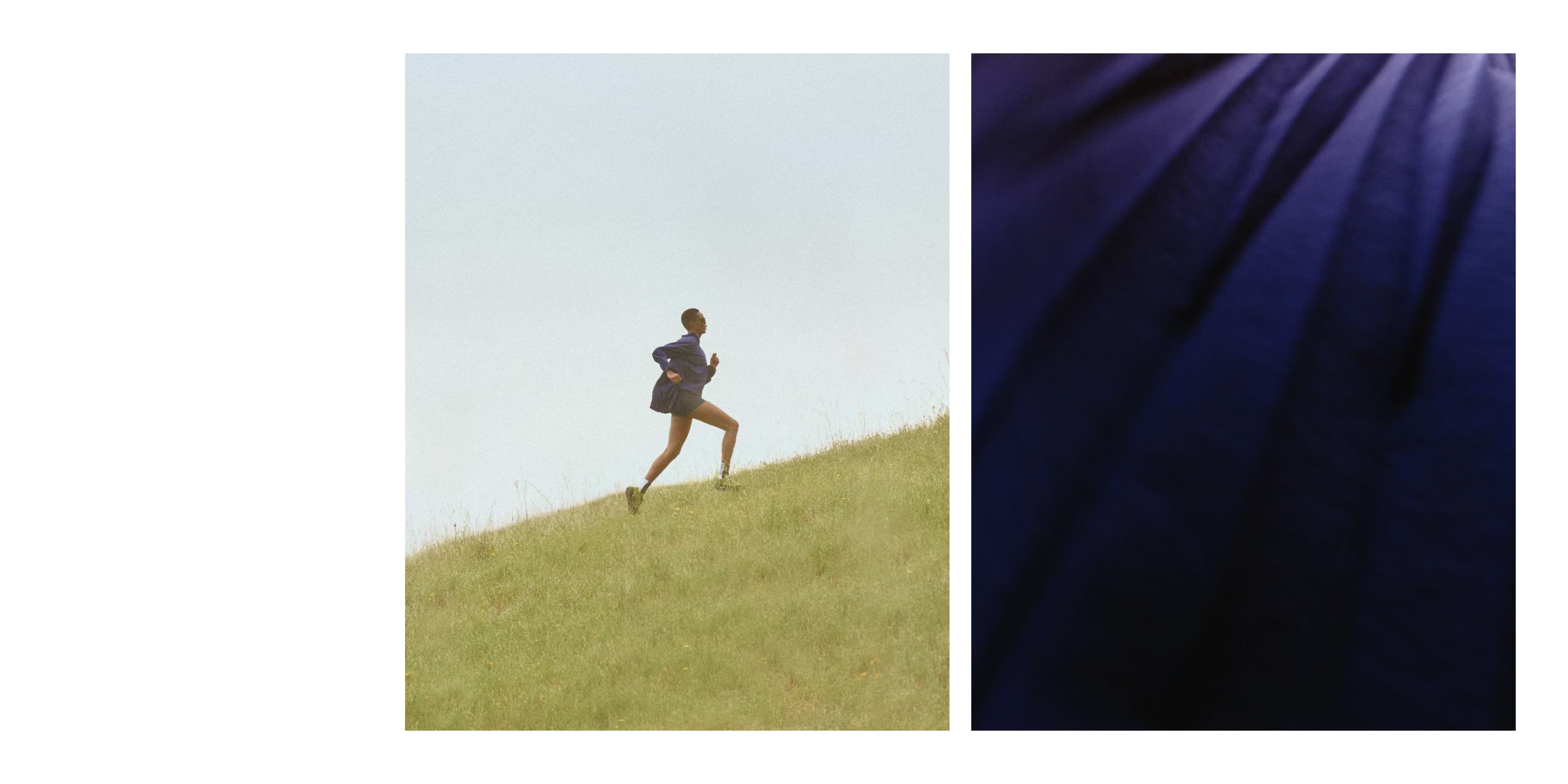 Split image: a person in a blue jacket runs uphill on a grassy slope under a pale sky; beside it, a close-up of dark blue fabric with light-and-shadowed folds.