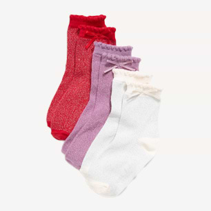 Three-pack of ankle socks with ruffled cuffs and small bows in red, lavender, and white.
