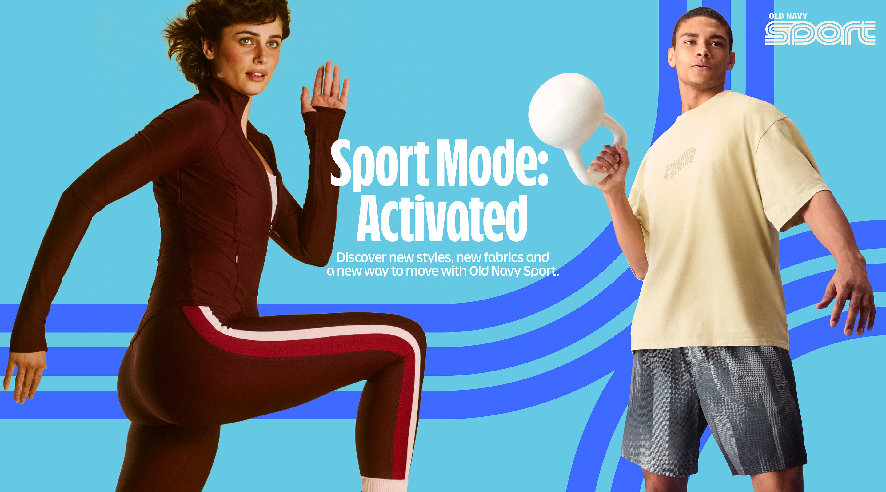 Old Navy Sport ad: two people in activewear on a blue background; text reads “Sport Mode: Activated.” One runs, the other holds a kettlebell.