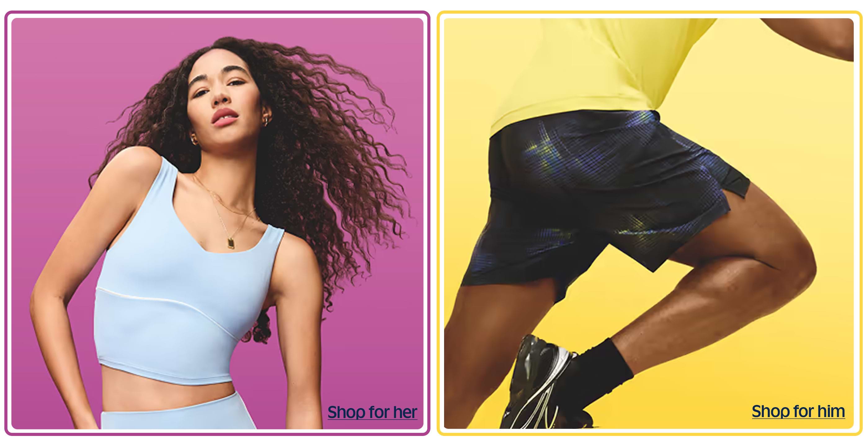 Split ad for activewear: woman in light blue crop top on pink background; close-up of man in dark running shorts mid-stride on yellow.