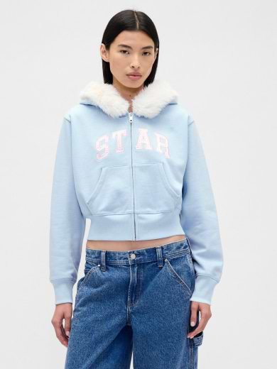 Vegan Fur-Trim Crop 
Zip Hoodie
