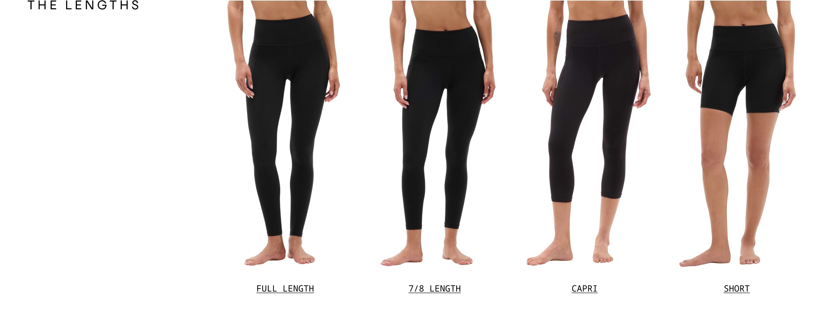 Four black bottoms on models showing length options: full-length leggings, 7/8 leggings, capri leggings, and short bike shorts.
