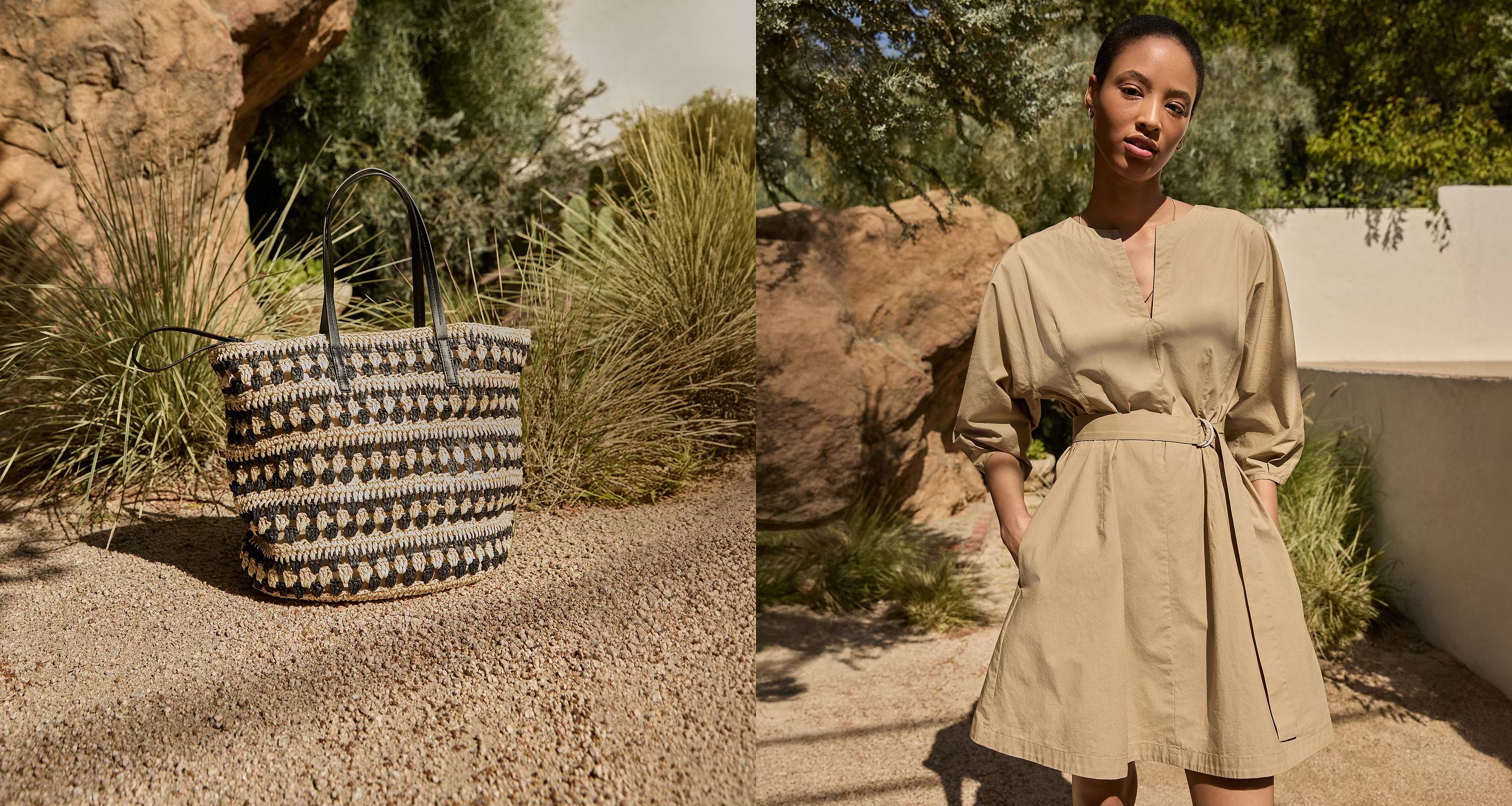 Woman in khaki dress with purse.
