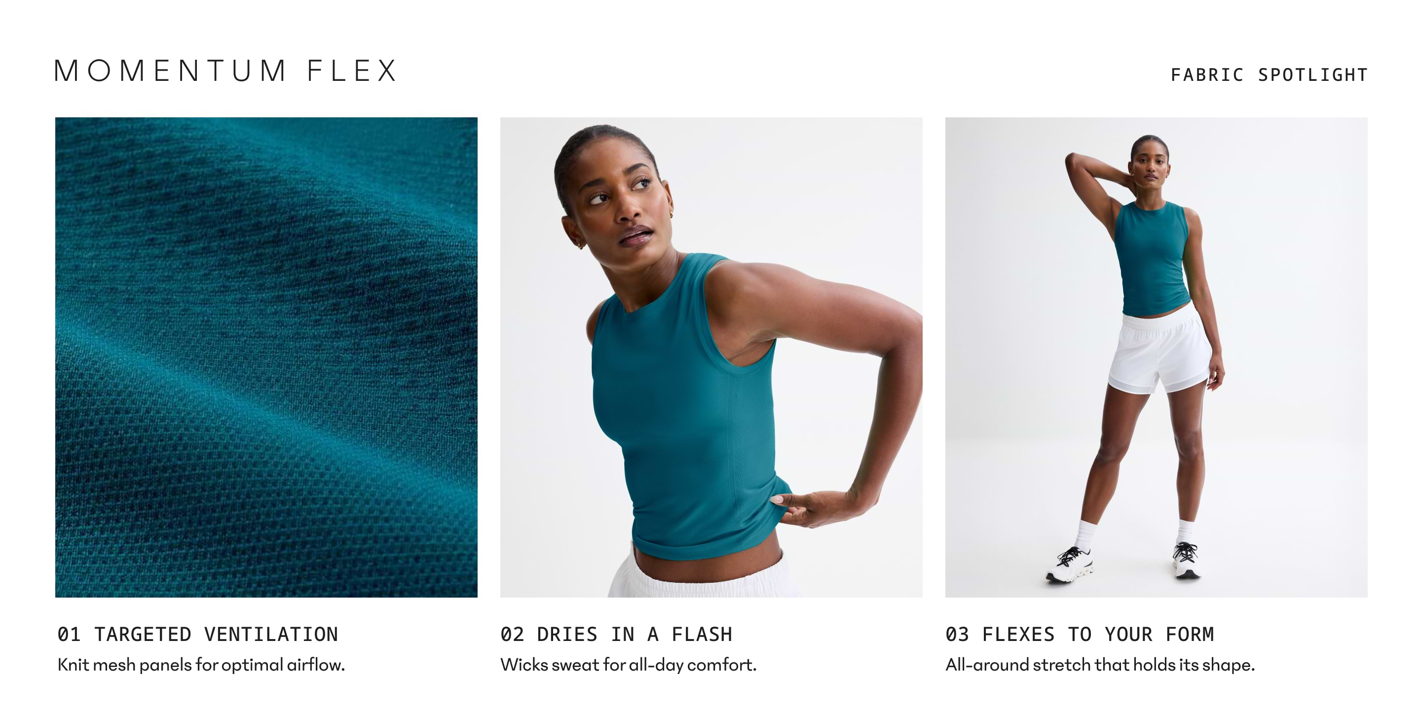 Collage titled “Momentum Flex” showing teal mesh fabric and a person in a teal tank and white shorts; fabric offers ventilation, quick-dry wicking, and stretchy shape retention.