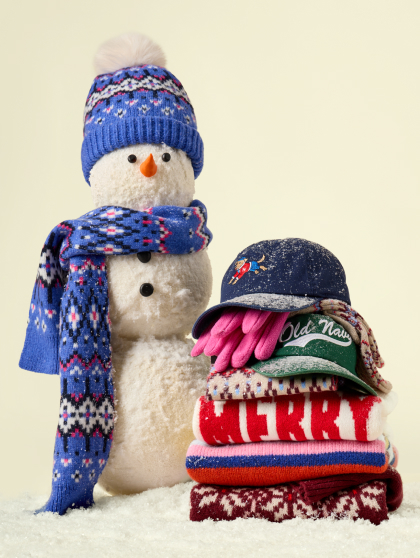 Image of Old Navy holiday gifts displayed with a snowman.