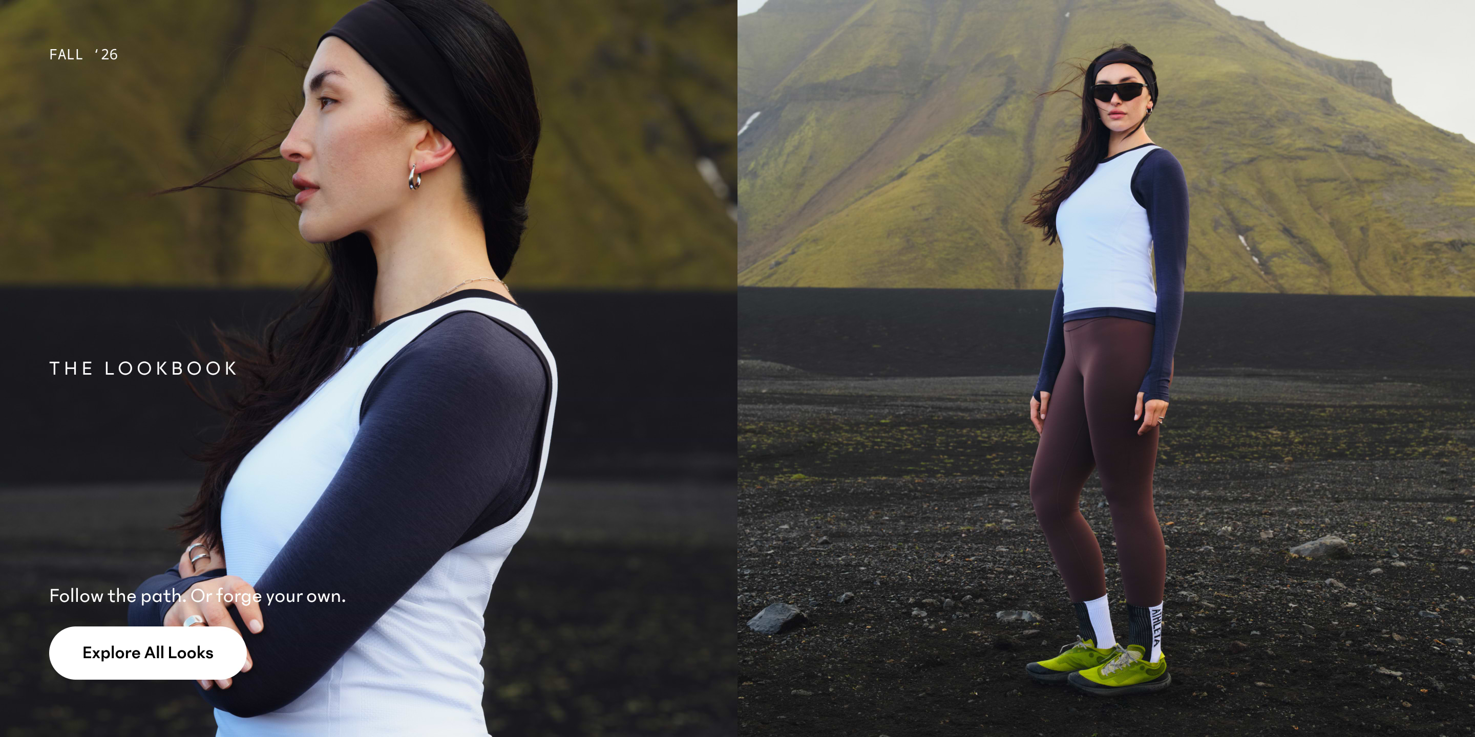 Woman in sporty outfit—white top with dark sleeves, maroon leggings, green trail shoes—on a black volcanic plain with a mossy mountain in the background; split into close-up and full-body views.