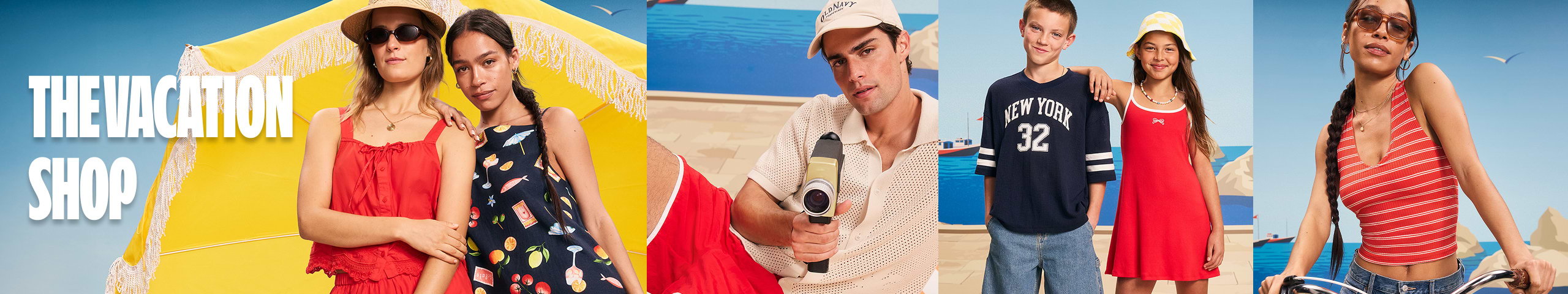 Banner reading “THE VACATION SHOP” with models in bright summer outfits against a beach scene, umbrella and bike visible.