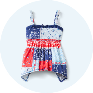 Red and blue patterned sleeveless top. 