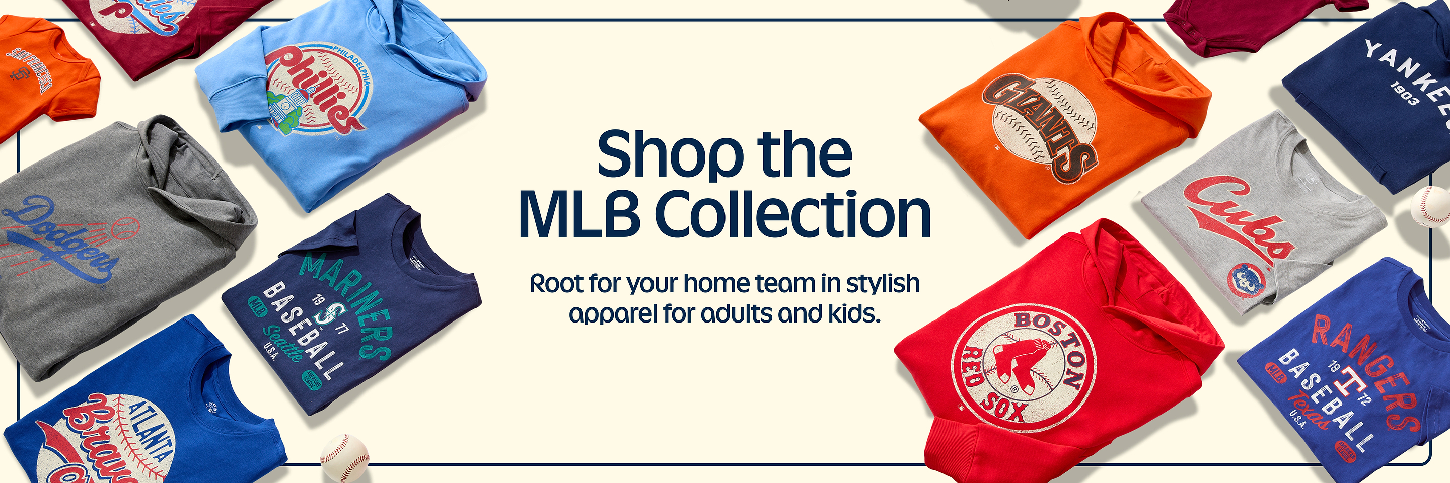 Alt text: “Promotional banner reading ‘Shop the MLB Collection’ with colorful MLB team hoodies and T‑shirts for adults and kids arranged around the text.”
